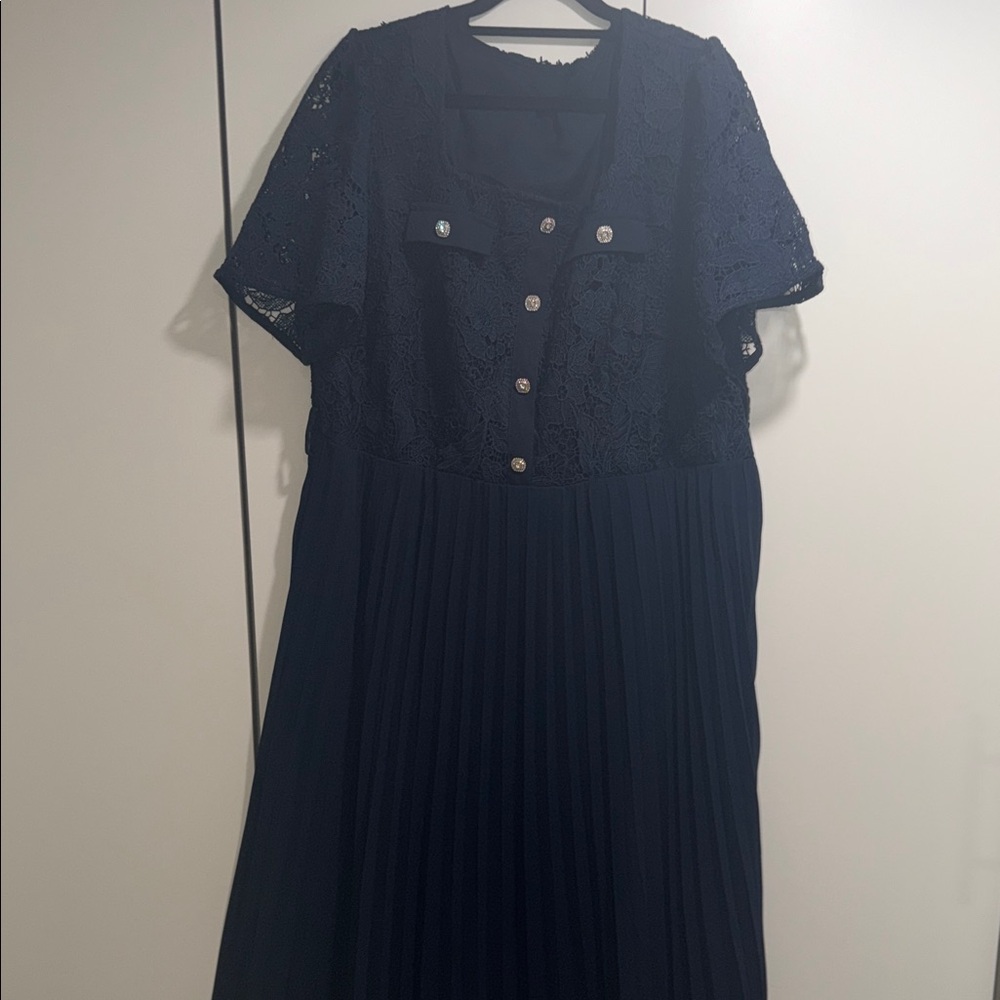 SHEIN Navy Lace & Pleated Midi Dress with Button Accents